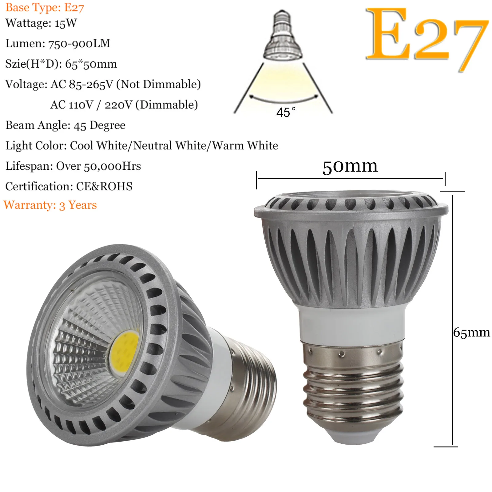 E27 GU10 MR16 15W LED COB Spotlight Bulbs Dimmable AC 110V/220V DC 12V Spotlights Home White Lamps Luminaire for Living Room