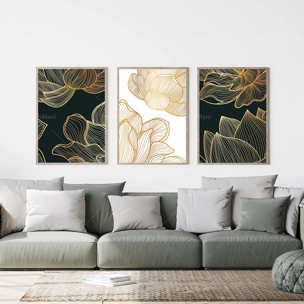 Lotus-Druck, weiß, schwarz, gold, zeitgenössische Kunst, abstrakte Blumen, Wandkunst, Posterdruck