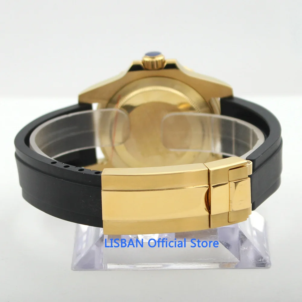 40mm Gold Coated Watch Case Rubber Strap with Gold Buckle Fit DG MINGZHU 2813 MIYOTA 8215 Movement