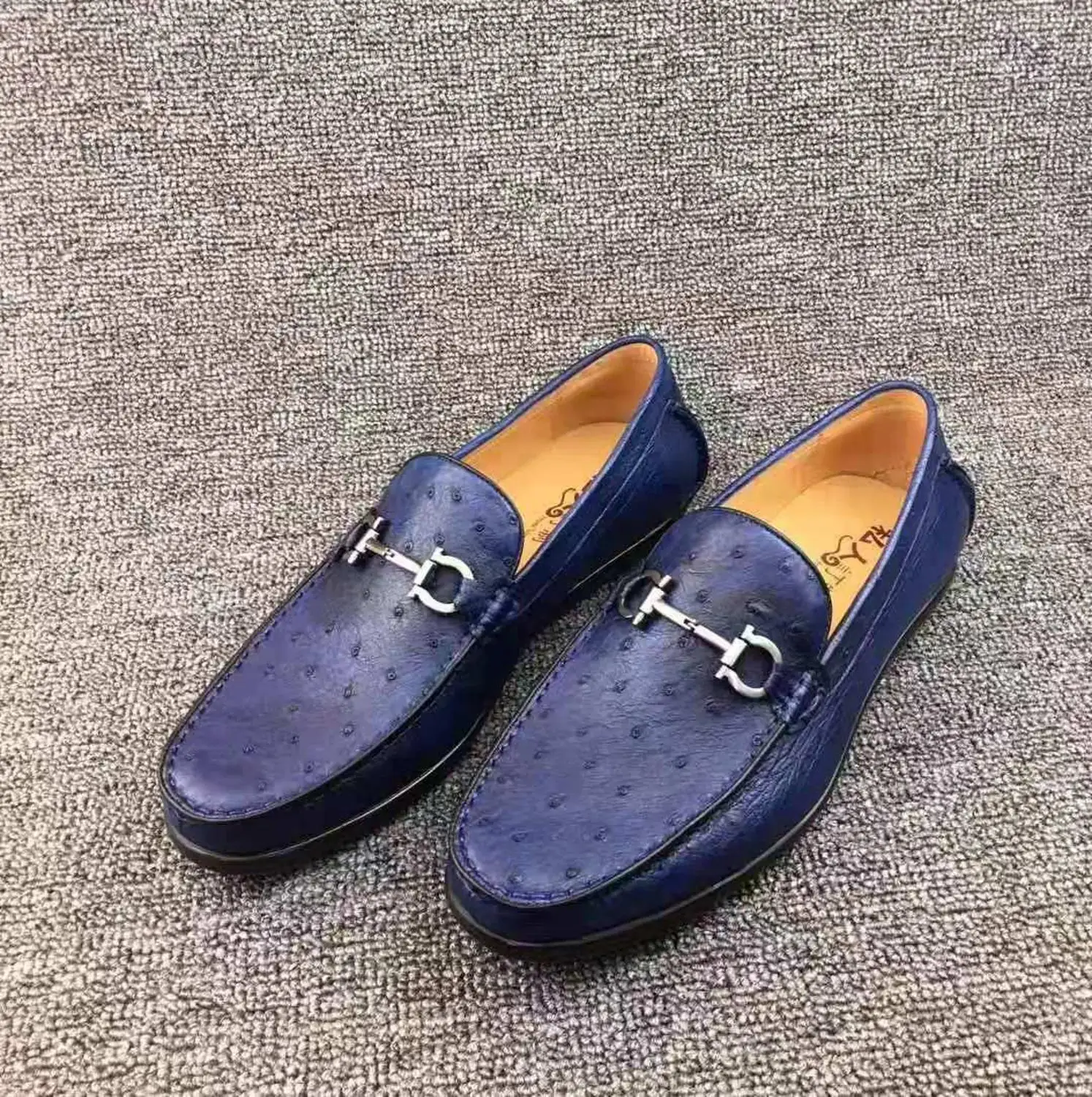 100% Genuine real Ostrich skin leather men fashion shoe with cow skin lining 2019 new style men shoes blue colors