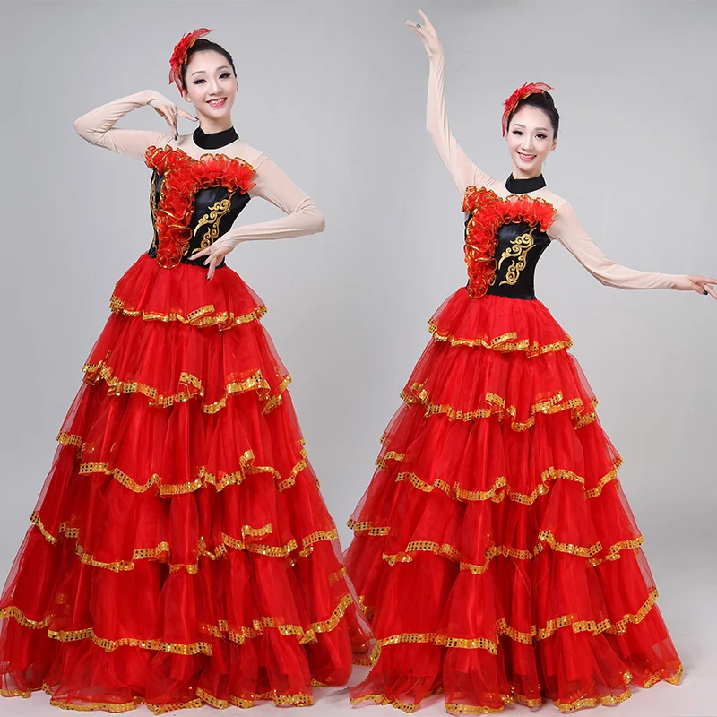 

Spanish Dance Costumes For Women Flamenco Dance Big Swing Skirt Belly Dance Dress Spanish Clothing Chorus Stage Dancewear DL5728