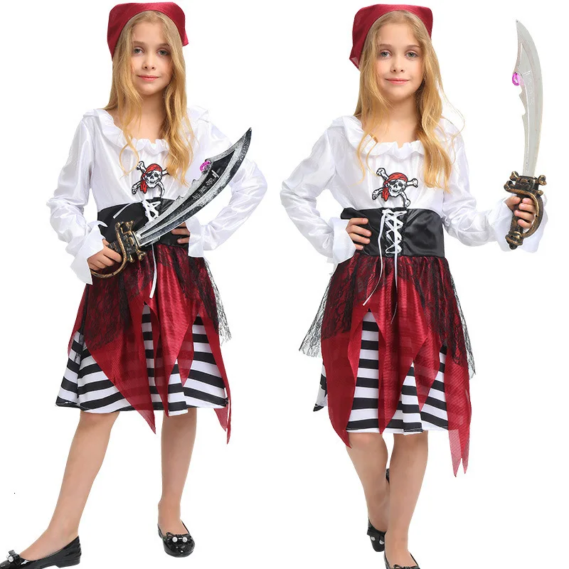 

Halloween luxury pirate outfits girls children party cosplay outfits for children full headdress ensemble