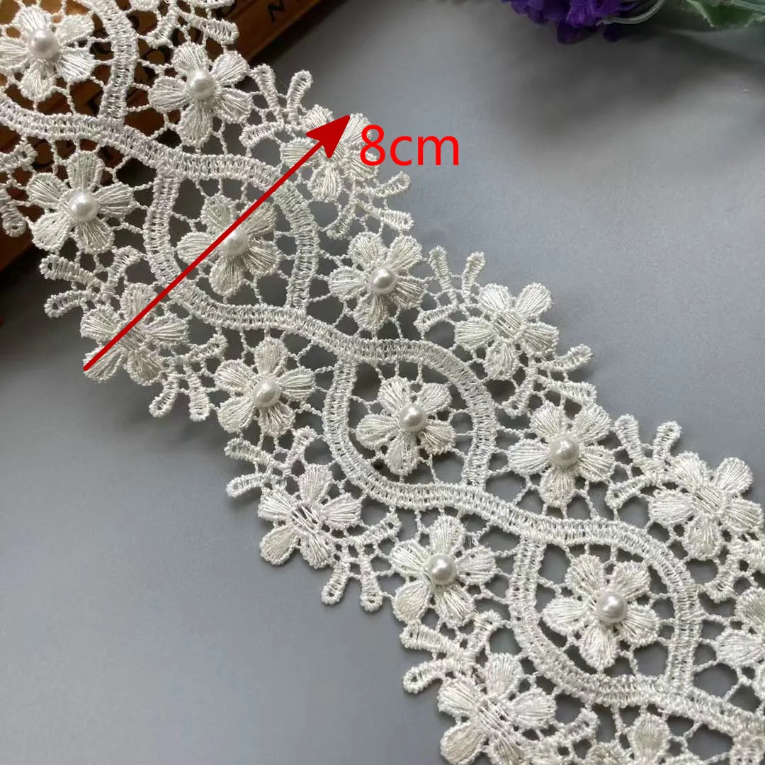 3 Yard Ivory Pearl Flower Embroidered Lace Edge Trim Ribbon Applique Sewing Craft For Crochet Wedding Bridal Dress Clothes New