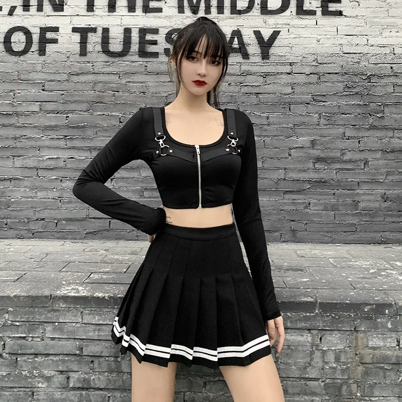 Vintage Koreanische Art Patchwork Rock Harajuku JK Schwarz Plissee Röcke Gothic Streetwear Hohe Taille Mini Rock Frauen Punk Rock