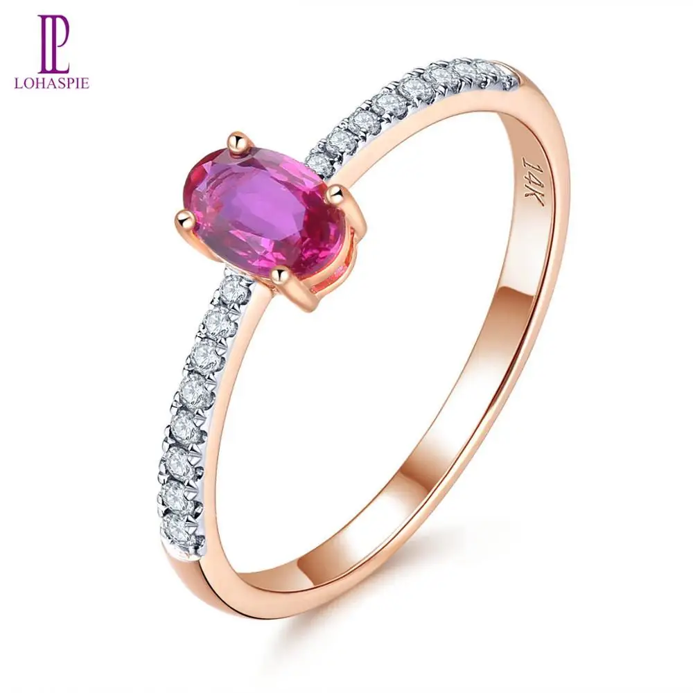 

LP Natural No Heated Ruby & Diamonds Ring 14 K Rose Real Gold Rings Romantic Style Fine Jewelry for Women's Christmas Gift