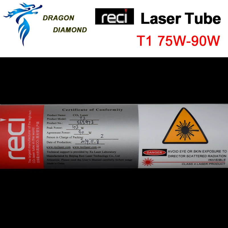 Imagem -02 - Tubo Laser Reci t1 Original 75w 80w 90w Dia 65 mm Comprimento 1110 mm Embalagem de Caixa de Madeira Máquina de Corte de Gravura