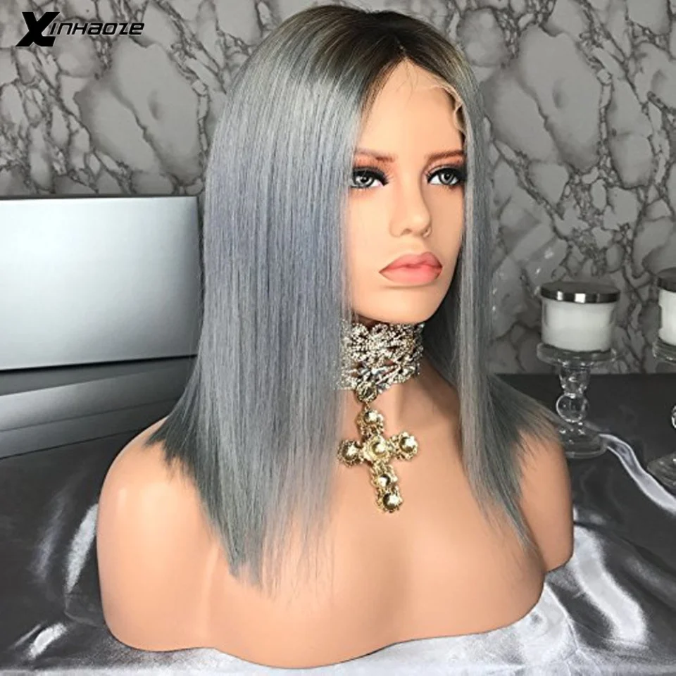 

1B/Grey Short Bob Lace Wig Brazilian Remy Hair Straight 13x6 Lace Front Human Hair Wigs Ombre Gray Color Lace Wig with Baby Hair