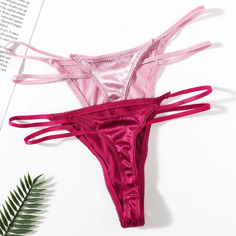 2PCS Satin Panties G-string Panties Sexy Women\'s Underwear Female Underpants Solid Color Pantys Lingerie Low Rise Thongs