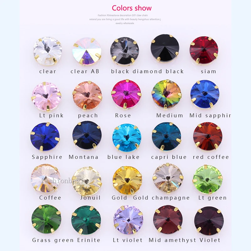 24Colors 6/8/10/12/14/16/18/25MM Rivoli Round Sew on Rhinestone Crystal With Golden Button For Garments  Jewelry Shoes Diy Trims