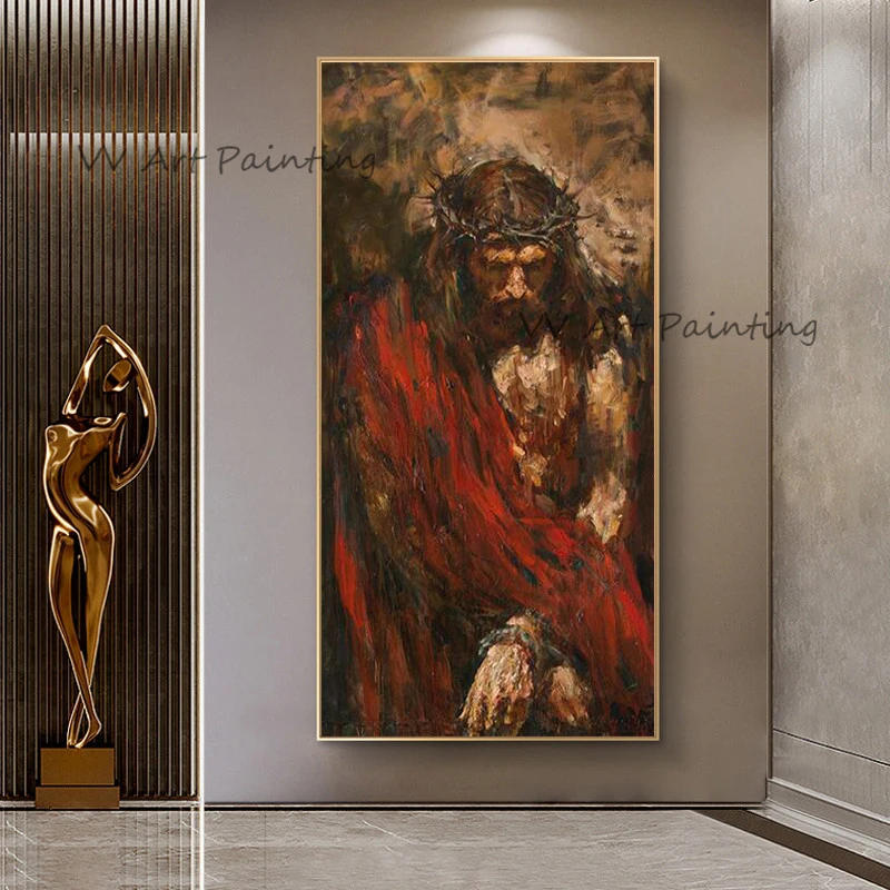 Red Robe Sacred Figure Canvas Painting, 100% Handpainted Textured Religious Graphic Art, Unframed Bedroom Wall Picture