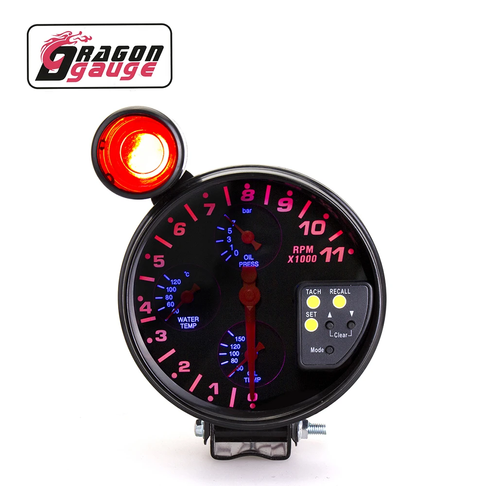 「DRAGON」 127mm or 5 Inch Tachometer RPM Meter Water Temp Oil Temp Oil Pressure 4 Functions In 1 With Shift Light for 12V Car