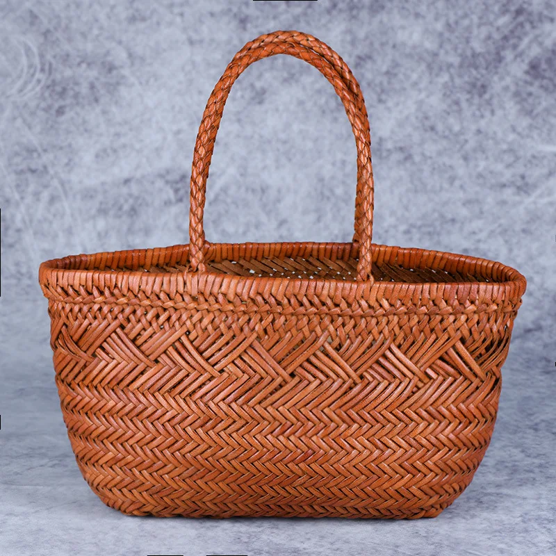 Designer woven totes bag women genuine leather cowskin knitting basket handbag female hollow out bucket bag 2022 summer new