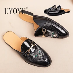 Office Designer Italian Men Half Shoes Luxury Cat Brand Patent Leather Mens Casual Shoes Loafers Mules Sandals Slides Slippers