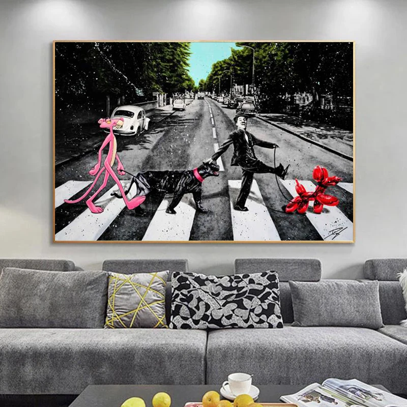 

Black And White Dog Walk On The Road Posters Graffiti Street Canvas Painting Wall Pictures for Living Room Home Decor