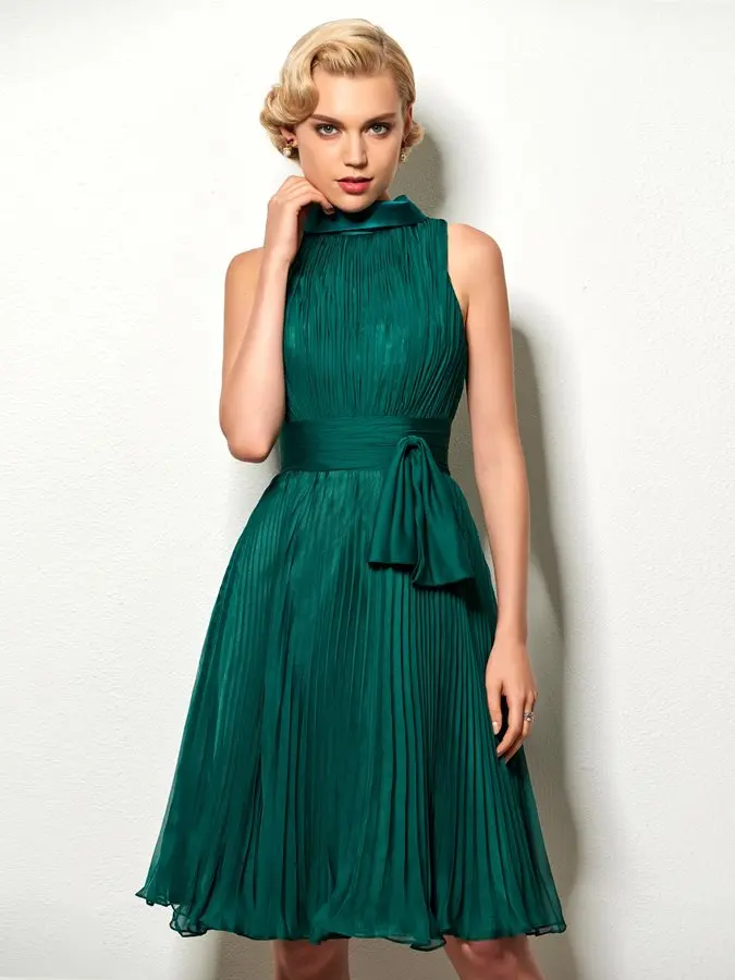 

2023 Green Cocktail Dress With Sahs High Neck A-Line Ruched Pick-Ups Prom Short Party Gown Homecoming Wear Robe De Soiree