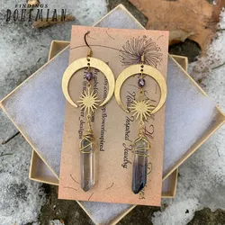 Celestial Aura Quartz Earrings, Moon and Star, Sunburst, Gold Crescent Moon, Boho Goddess