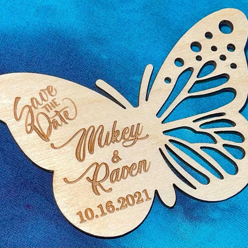 

Personalized Butterfly Save the Date magnets , Wood Engraved Invitations, Birthday Party Invitations Magnet