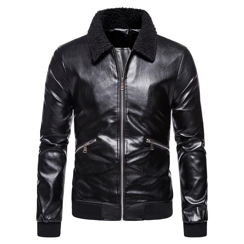 

Men's Leather Jacket Faux Fur Collar Coats Autumn Winter Motorcycle Leather Jacket Men Fashion Bomber PU Coat High Quality