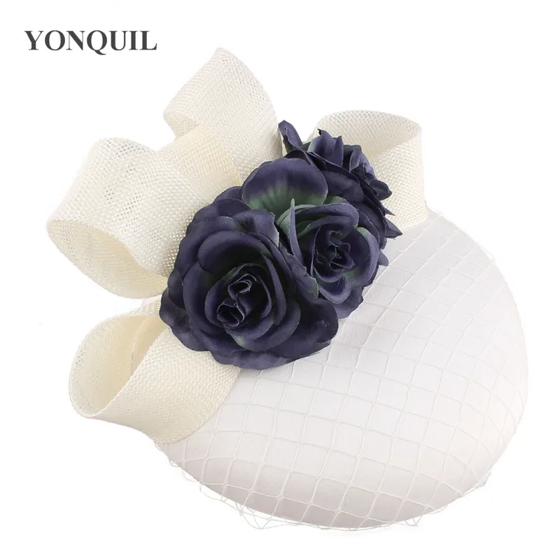 Casquette Ivoire avec Fleur Marine pour Femme, Fascinateur de Mariage, Vêtements de Sauna avec Bande Fedora, Nouvelle Collection