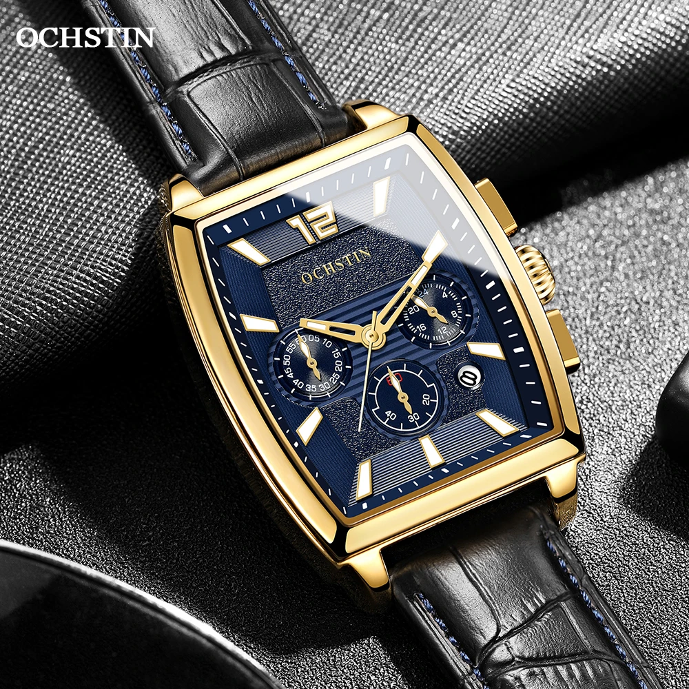 2023 OCHSTIN New Mens Square Watch Bussiness Quartz Wristwatch Leather Male Original Chronograph Waterproof Clock часы мужские