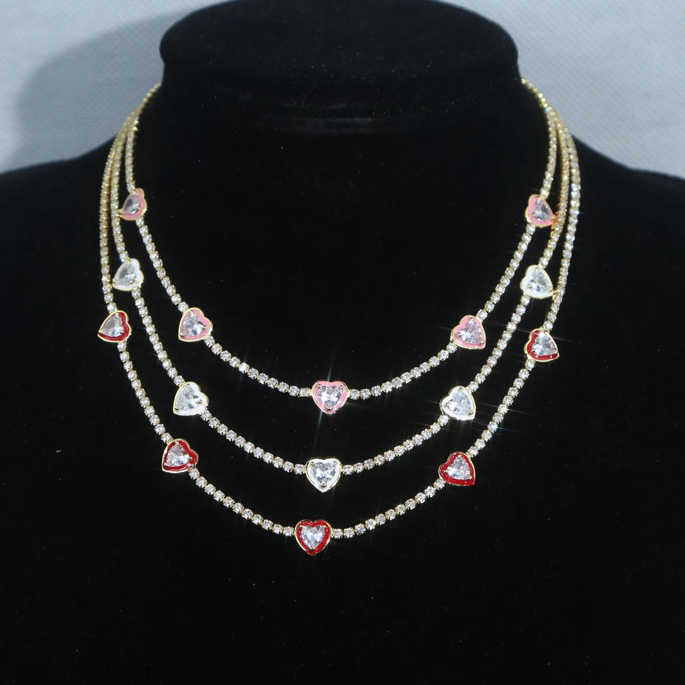 Heart Charm Choker Necklace 2023 New Red Pink White Enamel Sparking Clear Heart Cubic Zirconia CZ Tennis Chain Chokers