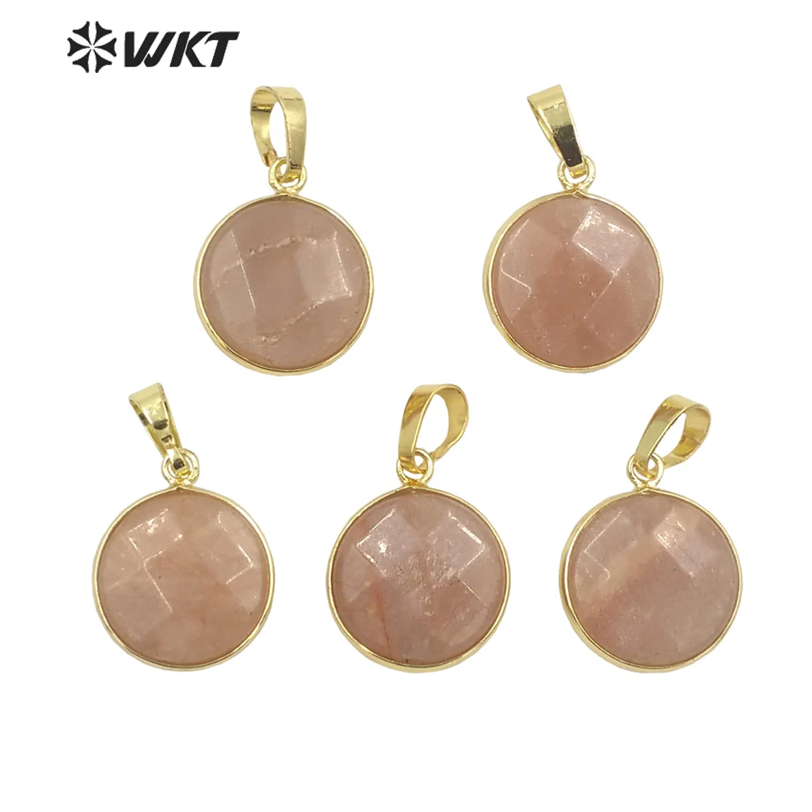 WT-P1741 Noble gold bezel Natural sun Stone pendant Lady double faceted round pink 17mm charm pendant for Friend Birthday