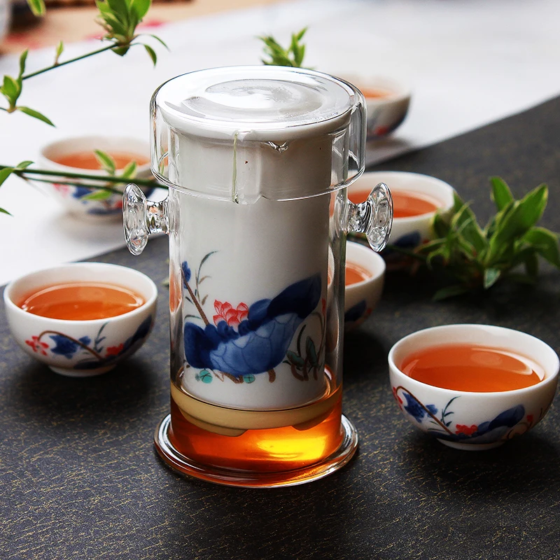 150ml Glass Teapot with Filter Interaural Glass Pot Tea Device Glaze Blue and White Porcelain Liner Filter Kungfu Tea Set