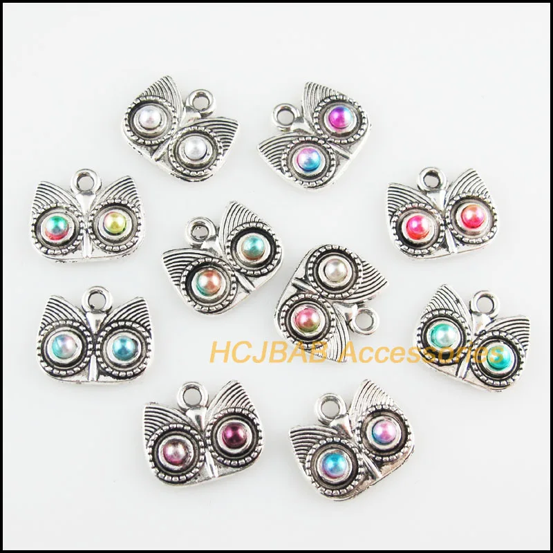 

20 New Owl Birds Charms Mixed Acrylic Animal Pendants Tibetan Silver Tone 13x15mm