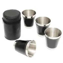 4Pcs Cups + 1 Leather box Mini Stainless Steel Wine Alcohol Faux Leather box Travel Cup Hip Flask Travel Camping Accessories