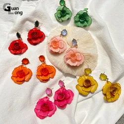 GuanLong Hot Trendy Flower Drop Earrings For Women Korean Resin Long Dangle Earrings Trend Big Hanging Fashion Jewelry For Girls