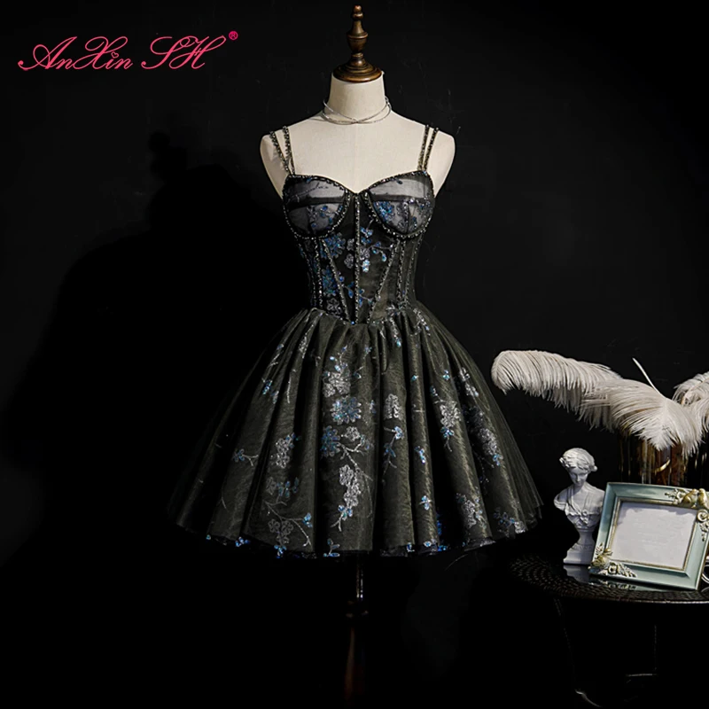 

AnXin SH Luxury princess black flower lace spaghetti strap sleeveless party short customized evening dress little black dress