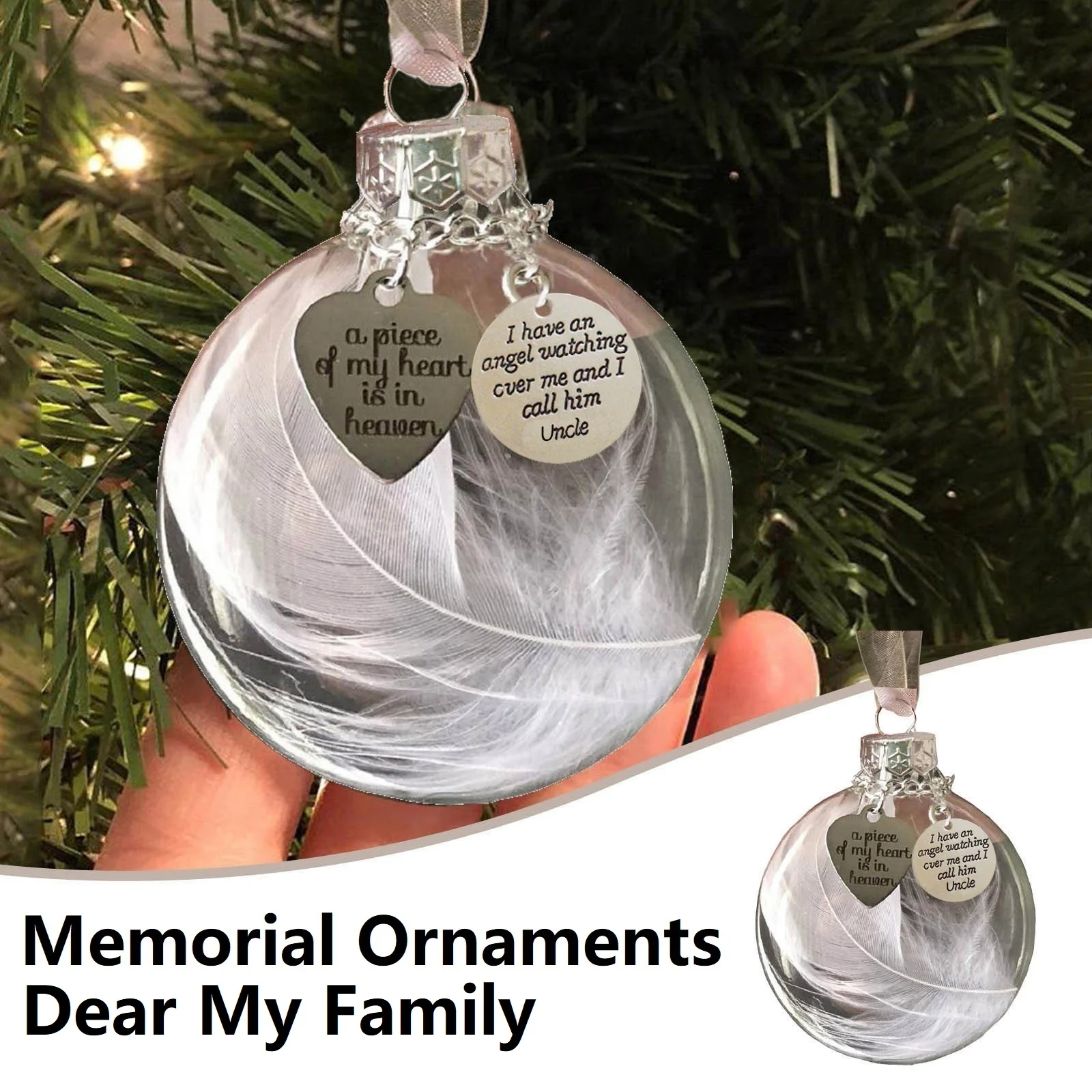 Memorial Dead Relatives Hanging Decorations On Christmas Tree Feather Heart Shape in Transparent Ball Ornaments Pendant 6cm*6cm