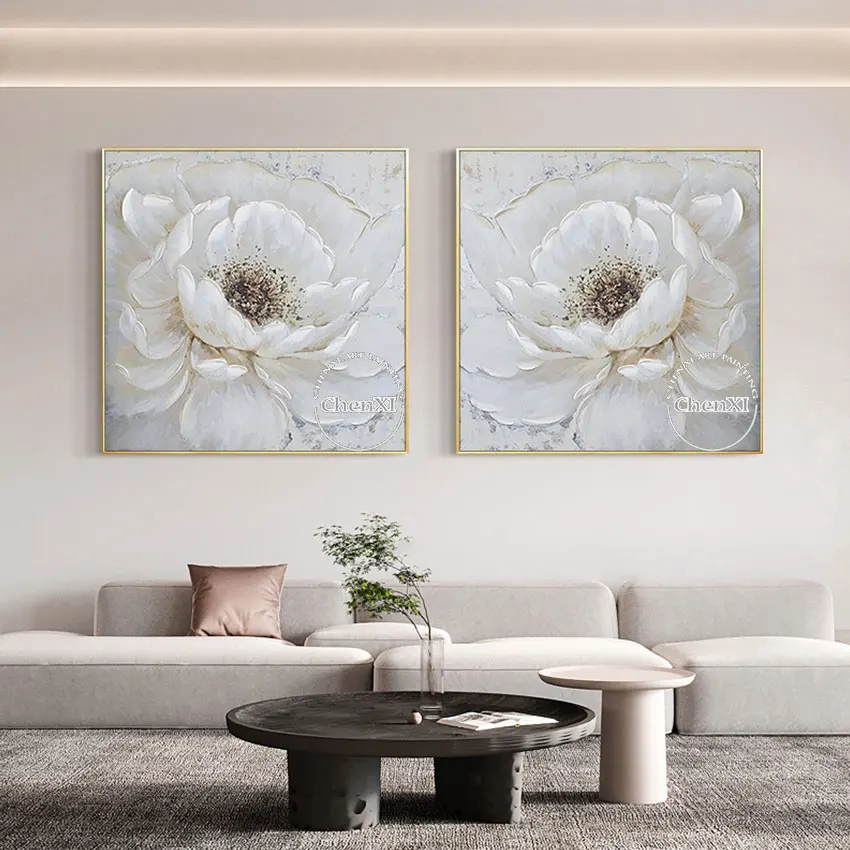 

100% Hand Painted 2PCS Big White Flower Abstract Oil Painting Wall Art Home Decor Picture Oil Paintings On Canvas Frameless