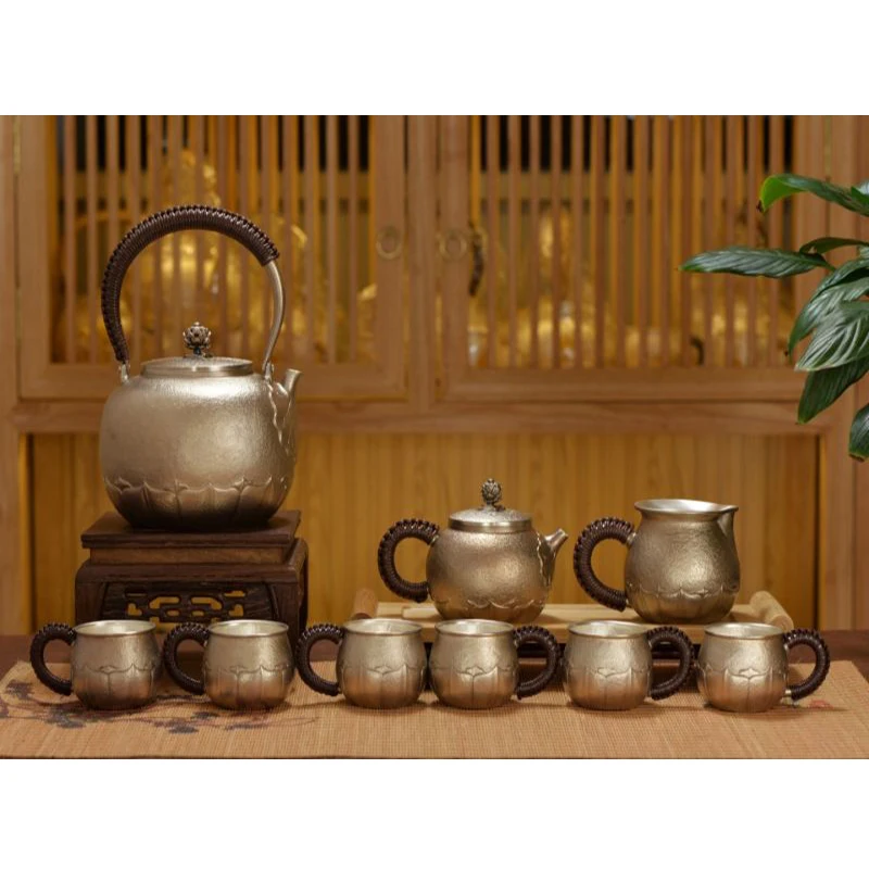 Silver pot 999 sterling silver handmade tea set Japanese retro teapot kettle home tea ceremony Kungfu tea set 800ml