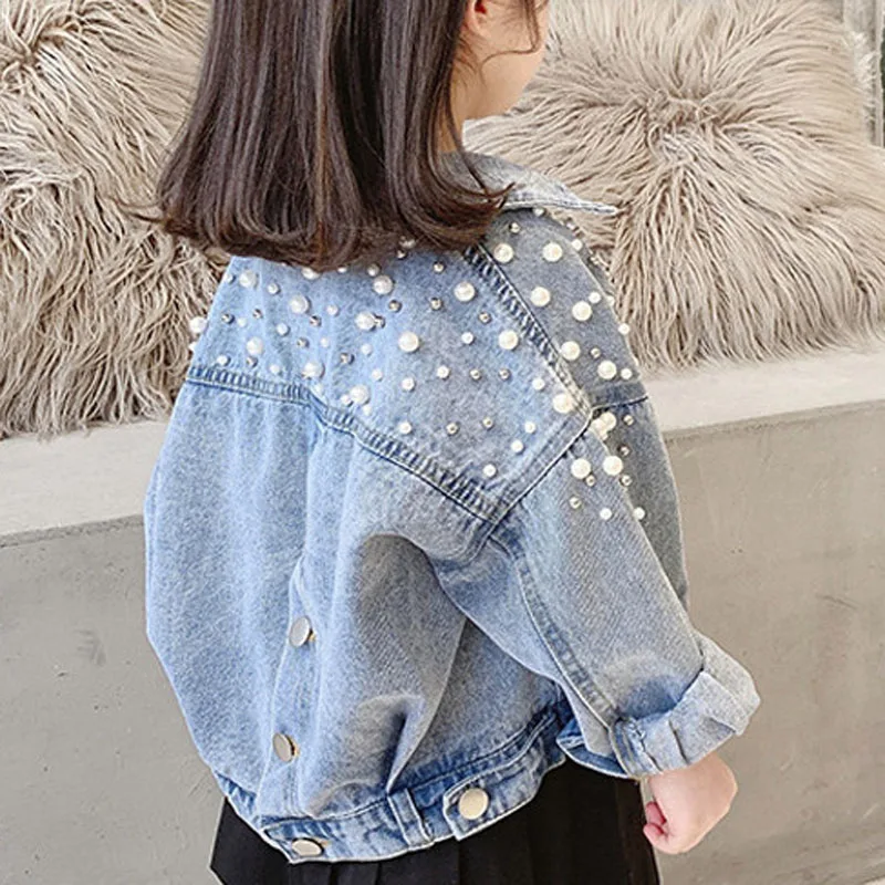 Spring And Autumn Girls Denim Jacket 2024 Korean Korean Fall New Loose Long Sleeve Sweet Pearl Lapel Top Button Cardigan Jacket