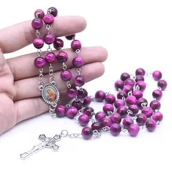 Virgin Plum Red Natural Tiger Eye Stone Cross Rosary Necklace Prayer Beads Christian Church Supplies