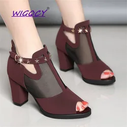 Breathable Mesh High heels sandals women New Summer shoes women Fashion Metal Decoration Square heel sandals Zipper female shoes