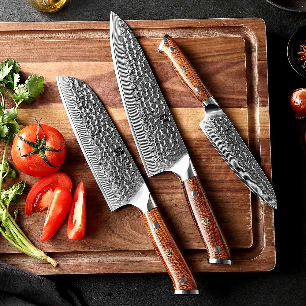 XINZUO 3PCS Kitchen Knives Set VG10 Damascus Steel Stainless Steel Pro Chef Cleaver Santoku Utility Paring Knife