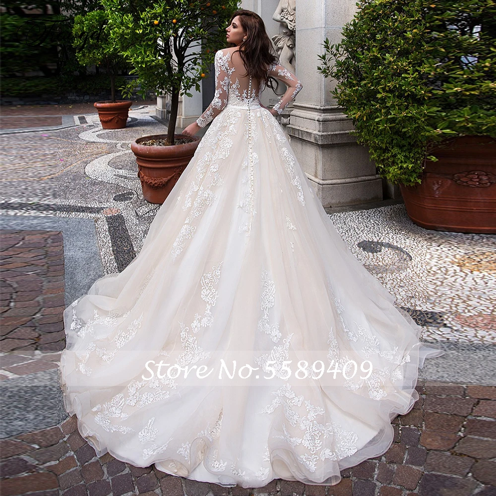 Traugel Luxury Scoop A Line Lace Wedding Dresses Elegant Applique Long Sleeve Bow Bride Dress Chapel Train Bridal Gown