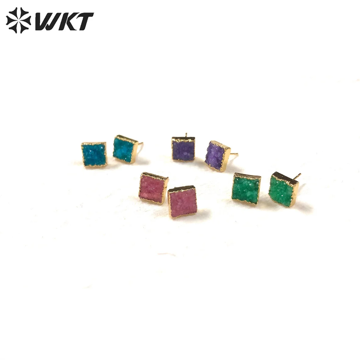 

WT-E274 wholesale 10pairs /lot stone studs ,gold trim square shape druzy stone studs for party wedding