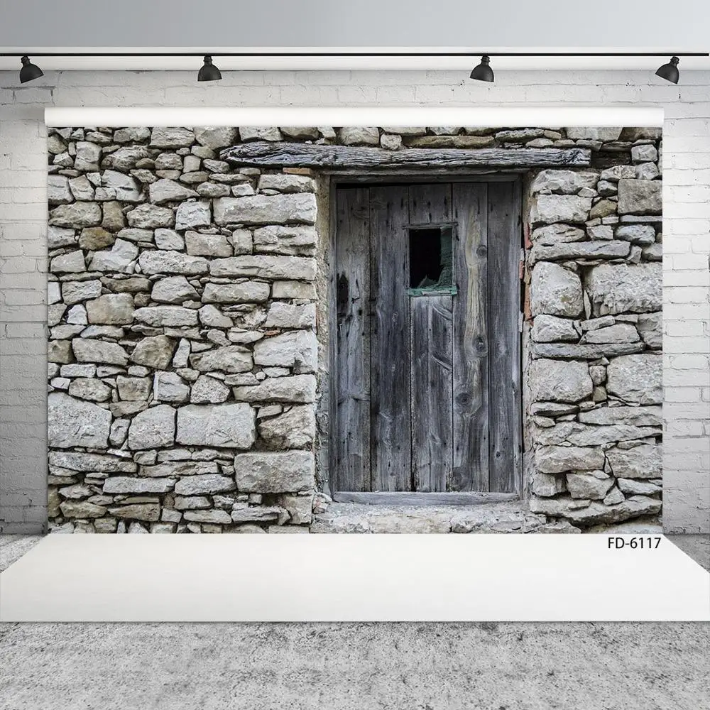 Grey Brick Wall Broken Wooden Door Photography Background Custom Backdrop Photo Studio for Children Baby Portrait Pets Photocall