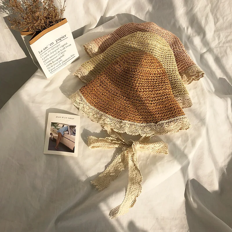 Summer Bucket Hat Women Lace Sun Hats for Wide Brim Straw Beach Side Cap Floppy Female Straw Hat Lace Solid Fringe Straw Hat