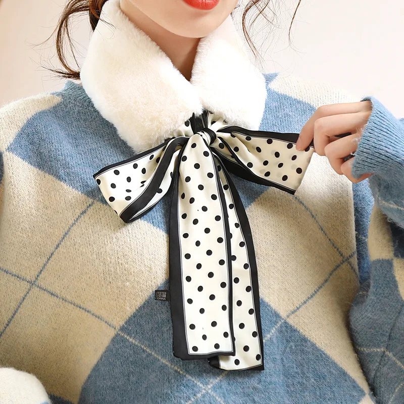 2021 New Dot Silk Printed Scarf Women Winter Warm Fashion Thicken Fur Neck Collar Scarves for Ladies Happy New Year Gifts