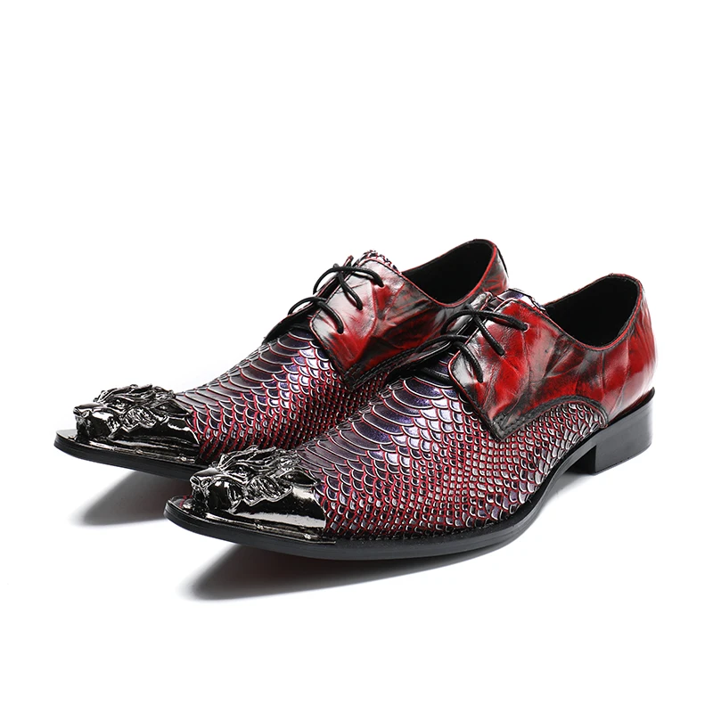 Mens Iron Pointed Toe Dress Shoes Formal Genuine Leather Snake Business Lace Up Shoes High Quality Snake Skin Shoes For Man