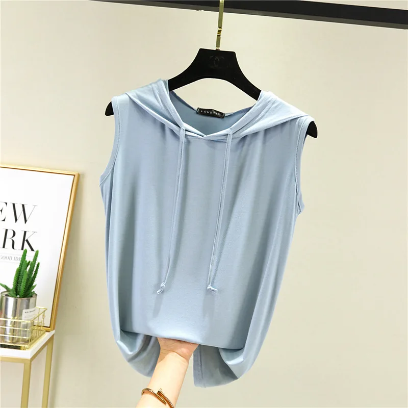 Sleeveless Hooded Top Women Clothing Soild Loose Soft Long T-Shirt Street Style Thin Casual Tees Top Summer Clothes Streetwear