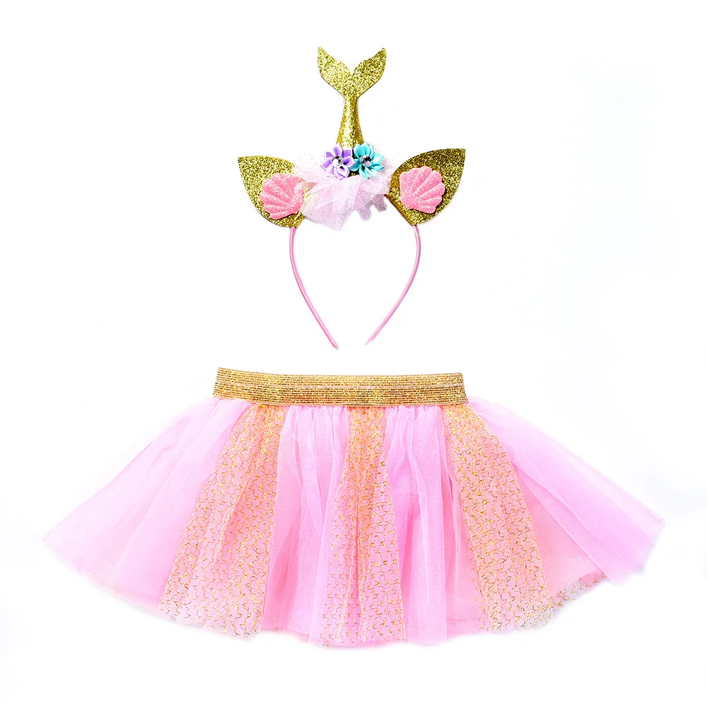 

Girls Tutu Skirt With Mermaid Headband Children's Performance Costume Skirt Baby Birthday Mesh Puffy Skirt Shell Set