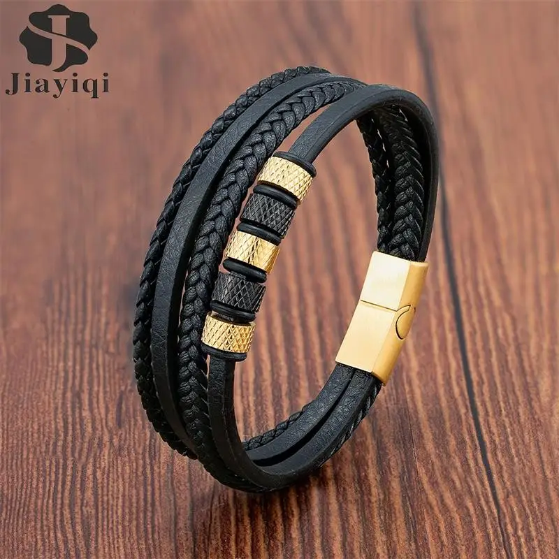 Luxury Stainless Steel Beaded Bracelet Fashion Men\'s Jewelry Classic Multilayer Braided Leather Bracelet Homme New Year Men Gift