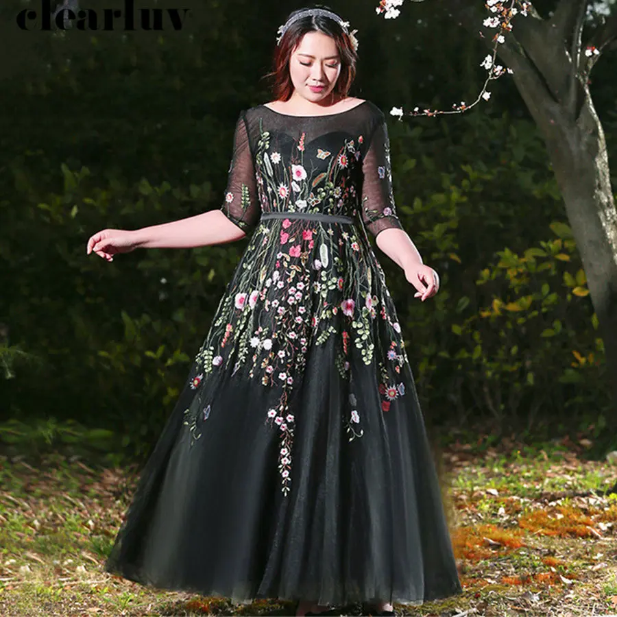 Evening Dress Black Embroidery Formal Gowns T485 2019 Plus Size O-neck Women Elegant Long Lace Up Party Dresses Robe De Soiree