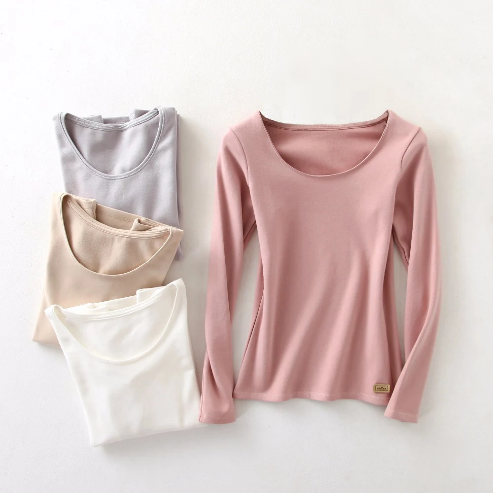 Basic Sturdy T Shirt Women Long Sleeve Cotton Tee Shirts Scoop Neck Top M-2XL