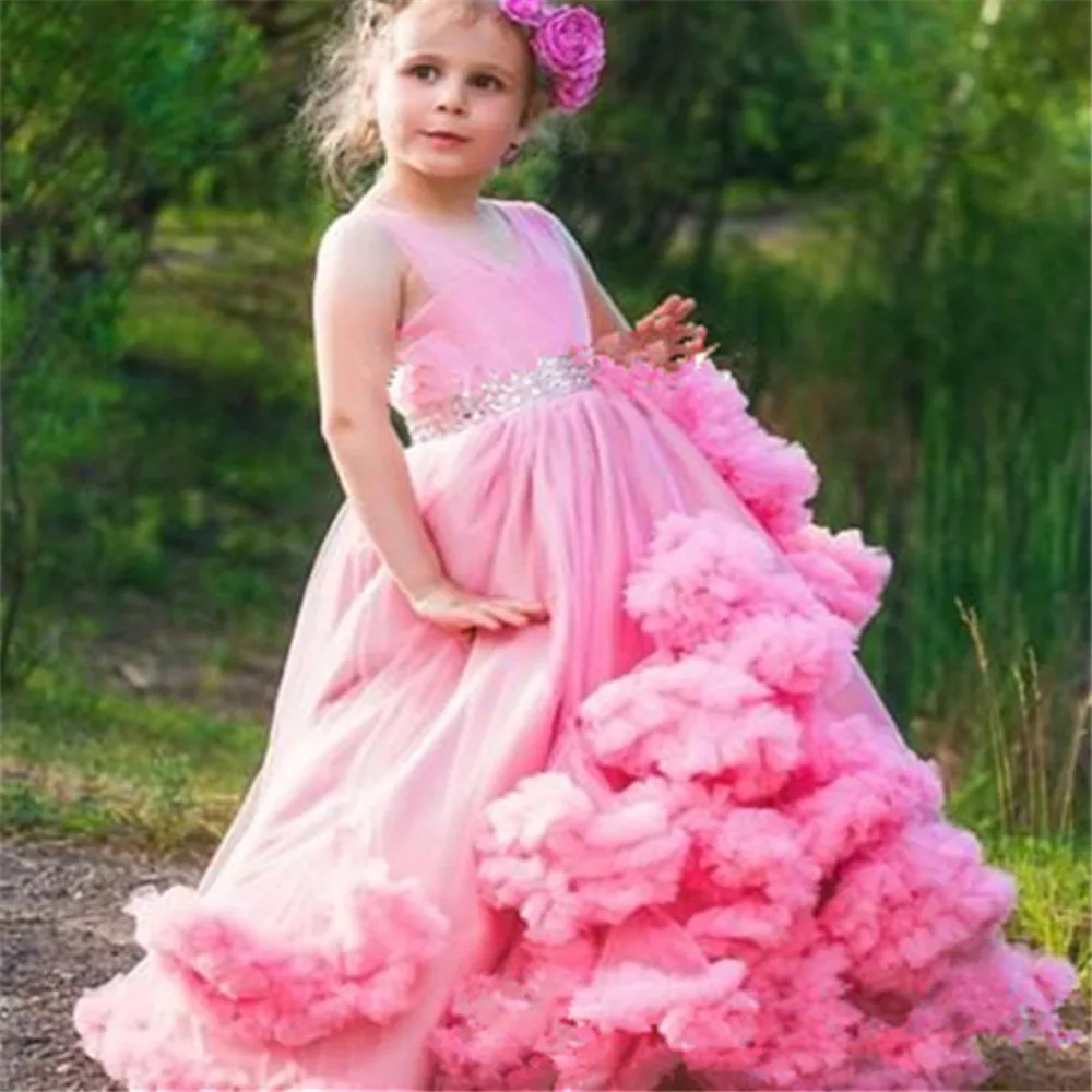 Pink Tulle Ball Gown Flower Girls Dresses Sleeveless V-Neck For Weddings Tiered 3D Floral Flowers Lace pageant PartyDresses